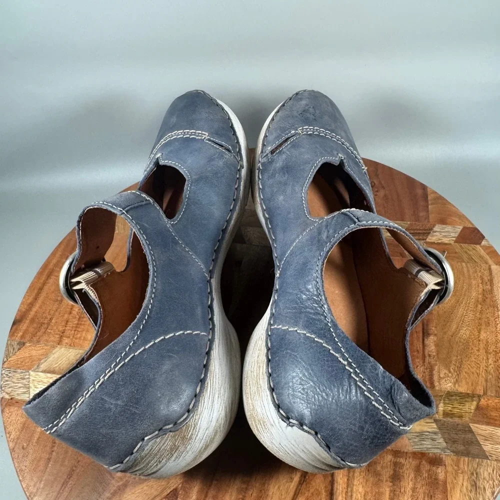Josef Seibel Blue Leather Mary Jane Buckle Shoes Womens 39 Contrast Stitching